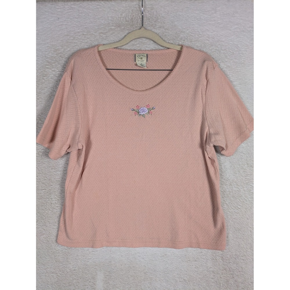 Wrangler Top Women's L Peach Floral Embroidered Pointelle Knit Short Sleeve Tee